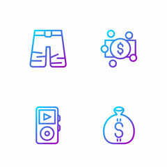 Wall Mural - Set line Money bag, Music player, Wide pants and Stacks paper money cash. Gradient color icons. Vector