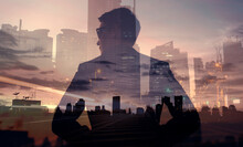 Success, Inner Strength, And Power Concept. Brave Young Confident Man In The City. Double Exposure. 