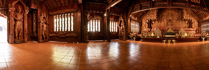 Poster - Panorama Image of Reclining Buddha and Beautiful Wooden Building at Wat Luang Khun Win