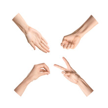 Hands Showing Different Letters On White Background. Sign Language Alphabet