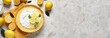 Delicious lemon tart on grunge background with space for text