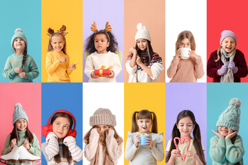 Sticker - Collage with many little girls in winter clothes on colorful background