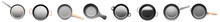 Set Of Empty Frying Pans On White Background, Top View
