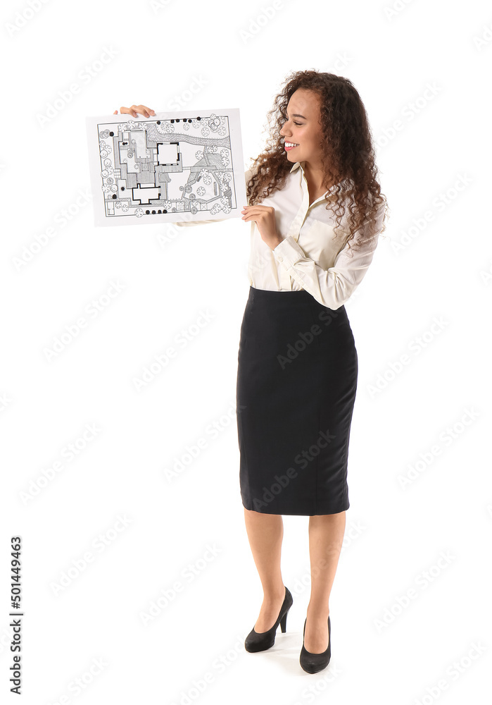 Young female landscape designer with new project on white background
