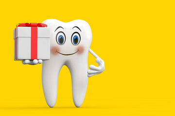 Aufkleber - White Tooth Person Character Mascot and Gift Box with Red Ribbon. 3d Rendering