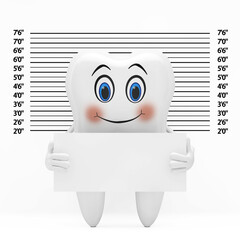Aufkleber - White Tooth Person Character Mascot with Identification Plate in front of Police Lineup or Mugshot Background. 3d Rendering