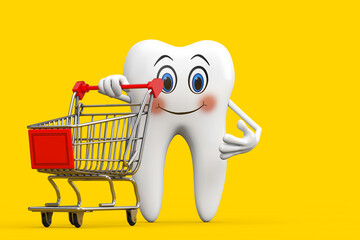 Aufkleber - White Tooth Person Character Mascot with Shopping Cart Trolley. 3d Rendering