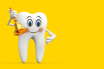 Aufkleber - White Tooth Person Character Mascot with Vintage Golden School Bell. 3d Rendering
