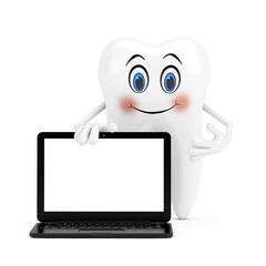 Leinwandbilder - White Tooth Person Character Mascot with Modern Laptop Computer Notebook and Blank Screen for Your Design. 3d Rendering