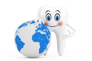 Aufkleber - White Tooth Person Character Mascot with Earth Globe. 3d Rendering