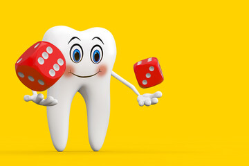 Poster - White Tooth Person Character Mascot with Red Game Dice Cubes in Flight. 3d Rendering