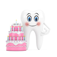 Aufkleber - White Tooth Person Character Mascot with Birthday Cartoon Dessert Tiered Cake and Candles. 3d Rendering