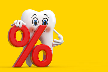 Poster - White Tooth Person Character Mascot with Red Retail Percent Sale or Discount Sign. 3d Rendering