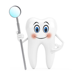 Poster - White Tooth Person Character Mascot with Dental Inspection Mirror for Teeth. 3d Rendering
