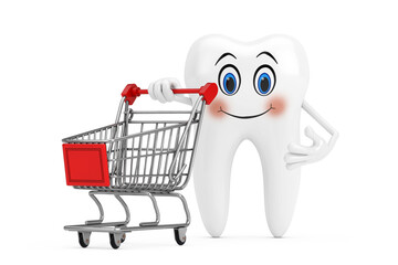 Aufkleber - White Tooth Person Character Mascot with Shopping Cart Trolley. 3d Rendering