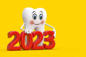 White Tooth Person Character Mascot with Red 2023 New Year Sign. 3d Rendering