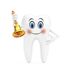 Aufkleber - White Tooth Person Character Mascot with Vintage Golden School Bell. 3d Rendering