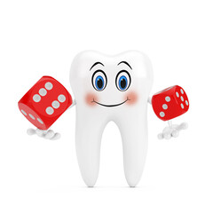Poster - White Tooth Person Character Mascot with Red Game Dice Cubes in Flight. 3d Rendering