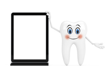 Aufkleber - White Tooth Person Character Mascot with Blank Trade Show LCD Screen Display Stand as Template for Your Design. 3d Rendering