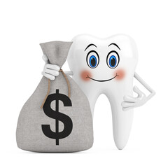 Poster - White Tooth Person Character Mascot and Tied Rustic Canvas Linen Money Sack or Money Bag with Dollar Sign. 3d Rendering
