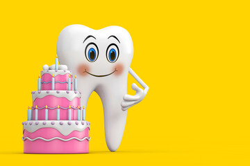 Aufkleber - White Tooth Person Character Mascot with Birthday Cartoon Dessert Tiered Cake and Candles. 3d Rendering