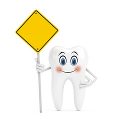 Poster - White Tooth Person Character Mascot and Yellow Road Sign with Free Space for Yours Design. 3d Rendering