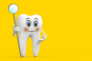 Aufkleber - White Tooth Person Character Mascot with Dental Inspection Mirror for Teeth. 3d Rendering