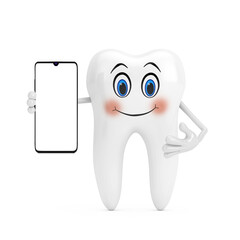 Aufkleber - White Tooth Person Character Mascot and Modern Mobile Phone with Blank Screen for Your Design. 3d Rendering