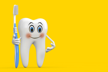 Aufkleber - White Tooth Person Character Mascot with  Simple Plastic Toothbrush. 3d Rendering