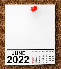 Aufkleber - Calendar June 2022 on Blank Note Paper. 3d Rendering