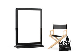 Aufkleber - Director Chair, Movie Clapper and Megaphone with Blank Trade Show LCD Screen Stand as Template for Your Design. 3d Rendering