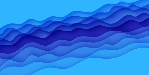 Wall Mural - Abstract background with water waves in paper cut style. 3d wallpaper with cut out deep wavy modern cover. Blue color layers with smooth shadow papercut art. Vector illustration, origami shapes