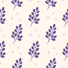Wall Mural - Floral vector seamless pattern. Branch and stars on beige background. Modern drawing. Creative botanical fabric print, wrapping paper, textile design, apparel, cover, scrapbooking.