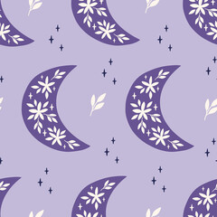 Wall Mural - Floral moon vector seamless pattern. Trendy illustration on violet background. Luna print for fabric design, textile, kids and baby clothes, digital paper, wallpaper, cover.