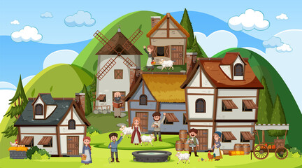 Wall Mural - Medieval town scene with villagers