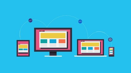 Responsive web site on Desktop, laptop, mobile and tablet device - conceptual communication technology 2d animation 4k video clip.