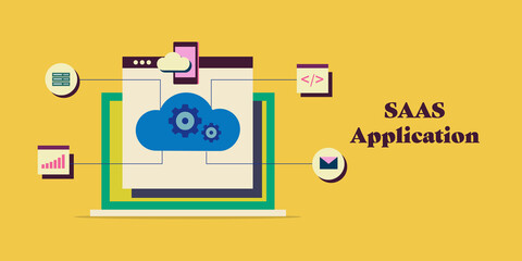 Saas technology - Cloud computing software application, web hosting conceptual web banner template.