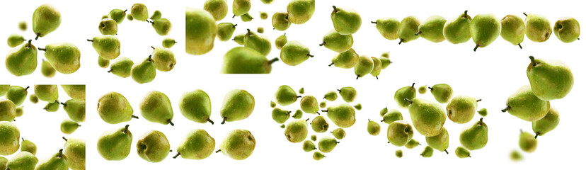 Wall Mural - A set of photos. Green pears levitate on a white background