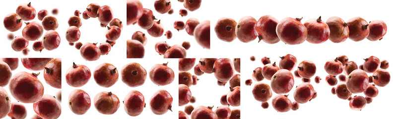 Wall Mural - A set of photos. Ripe pomegranates levitate on a white background