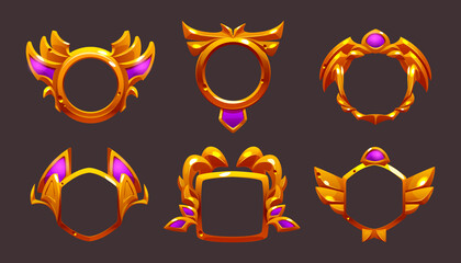 Wall Mural - ui game frames, gold textured round, square and hexagon borders with ornate rims and pink decor. car