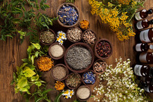 Herbal Medicine On Wooden Desk Background