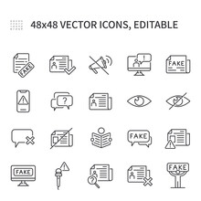 Simple Vector Line Icons. On The Topic Of Fake News, Contain Icons Such As Newspaper, Fake News, News, Fake, Protest, Fake Documents, And More.