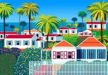 Tropical Island Landscape With Traditional Houses, Palm Trees,   And The Sea In The Background. Handmade Drawing Vector Illustration.