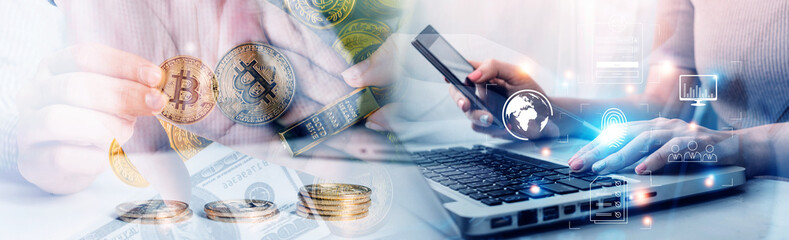 Online transactions, Businessman touching fingerprint scan provides security interface payment shopping banking and cloud computing network connection on virtual screen.