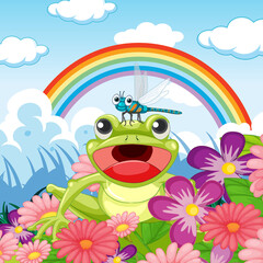 Sticker - Flower field with cartoon frog and dragonfly