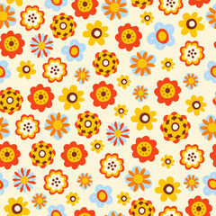 Wall Mural - Floral seamless pattern with hippie retro flowers on a light background. Trendy vector groovy design in style 60s, 70s