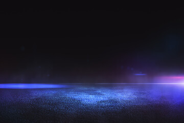 abstract empty background with dark asphalt and neon purple, blue and pink light spots for car prese