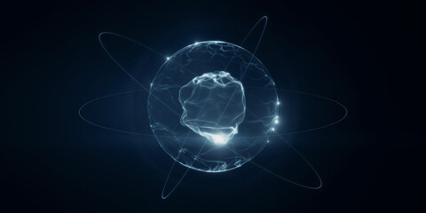 sphere made of neon dots. Global network connection. Digital atom. Globe Grid. Worldwide communication. Futuristic earth globe. Science, technology and illustration on dark background.