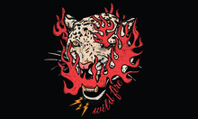 Leopard Face Graphic T Shirt Print Design. Wild Animal Fire  Artwork For Posters, T-shirt,  Stickers, Background And Others. Wild Cat Illustration. 