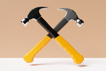 Wall Mural - 3D illustration of a metal hammer with a yellow handle hand tool isolated on a beige  background. 3D render and illustration of repair and installation tool